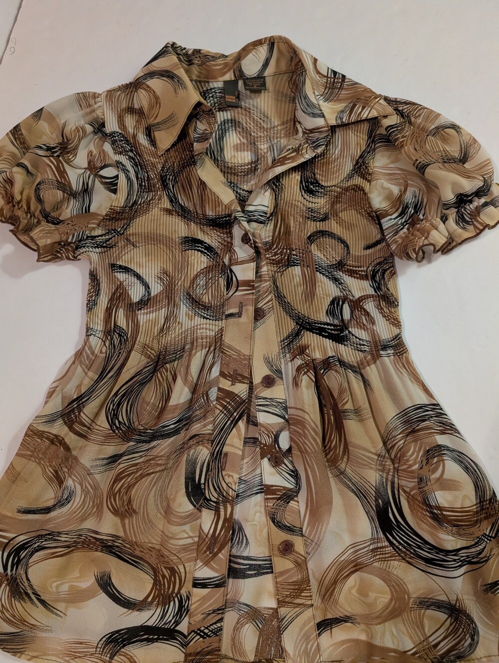 Sere Nade Swirl Print Short-Sleeve Blouse Brown Black Beige Sz Small